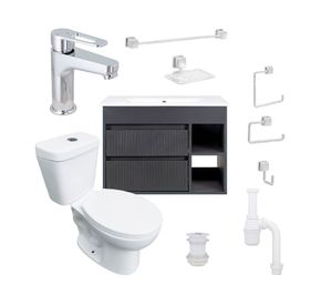 Mueble vanitorio Paris 60 cm dark grey tex + cubierta + WC Theos + accesorios