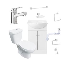 Mueble vanitorio Marie 50 cm blanco + cubierta + WC Theos + accesorios