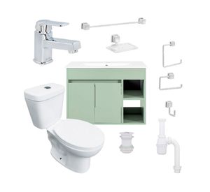 Mueble vanitorio Lille 60 cm sage green + cubierta + WC Theos + accesorios