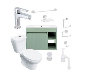 Mueble vanitorio Lille 60 cm sage green tex + cubierta + WC Theos + accesorios
