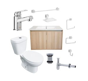 Mueble vanitorio Amelie acacia + cubierta + WC Theos + accesorios