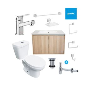 Mueble vanitorio Amelie acacia + cubierta + WC Theos + accesorios