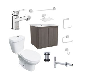 Mueble vanitorio Amelie ulmo + cubierta + WC Theos + accesorios
