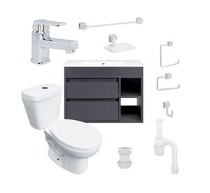 Mueble vanitorio Paris dark grey + cubierta + WC Theos + accesorios