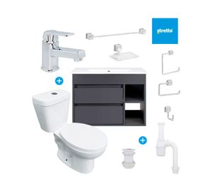 Mueble vanitorio Paris dark grey + cubierta + WC Theos + accesorios