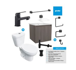Mueble vanitorio Amelie 60 cm ulmo + cubierta + WC Theos + accesorios