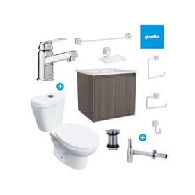Mueble vanitorio Amelie ulmo + cubierta + WC Theos + accesorios