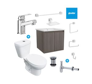 Mueble vanitorio Amelie ulmo + cubierta + WC Theos + accesorios
