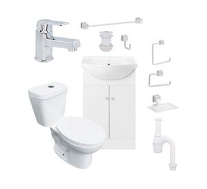 Mueble vanitorio Marie 60 cm blanco + cubierta + WC Theos + accesorios