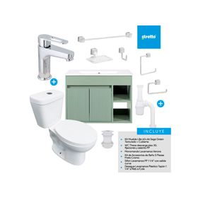 Mueble vanitorio Lille 60 cm sage green tex + cubierta + WC Theos + accesorios