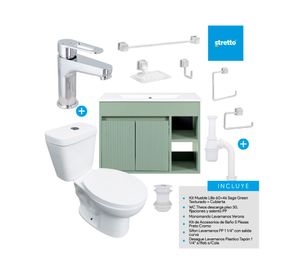 Mueble vanitorio Lille 60 cm sage green tex + cubierta + WC Theos + accesorios