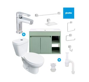 Mueble vanitorio Lille 70 sage green + cubierta + WC Theos + accesorios