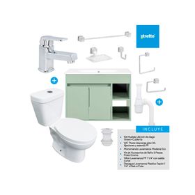 Mueble vanitorio Lille 60 cm sage green + cubierta + WC Theos + accesorios
