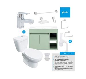 Mueble vanitorio Lille 60 cm sage green + cubierta + WC Theos + accesorios
