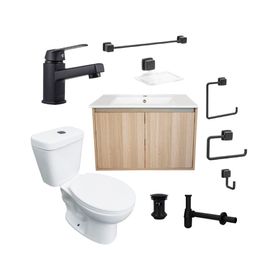 Mueble vanitorio Amelie 60 acacia + cubierta + WC Theos + accesorios