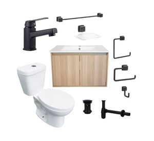 Mueble vanitorio Amelie 60 acacia + cubierta + WC Theos + accesorios