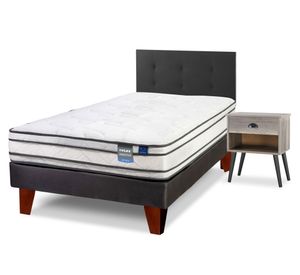 Cama europea Innova 1.5 plazas box + respaldo Royal negro + 1 velador Rock