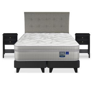 Cama europea Paradise 2 plazas base dividida + respaldo Design gris + 2 veladores Rover