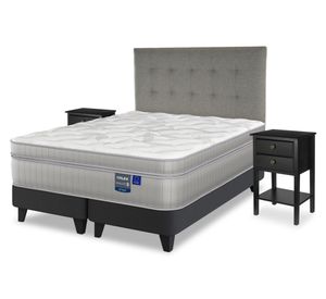 Cama europea Paradise 2 plazas base dividida + respaldo Design gris + 2 veladores Rover