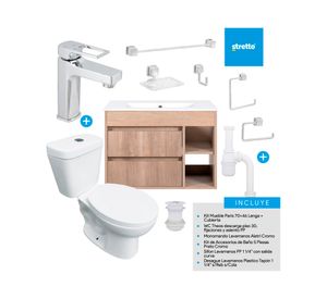 Mueble vanitorio Paris 70 cm lenga + cubierta + WC Theos + accesorios