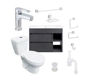 Mueble vanitorio Paris 70 cm dark grey tex + cubierta + WC Theos + accesorios