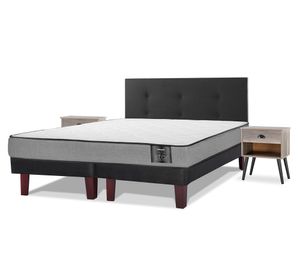 Cama europea Star 2 plazas box base dividida + 1 respaldo Royal negro + 2 veladores Rock