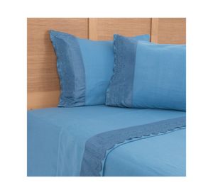 Sábana polar lisa broderie flor azul 2 Plazas