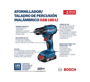 Taladro percutor GSB 185-LI + Llave de impacto GDR 18V-200 + 2 baterías 18V 2.0 Ah + cargador + maleta plástica