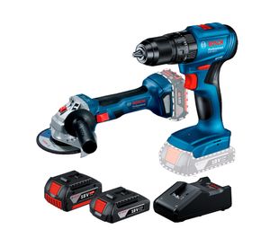Taladro percutor GSB 185-LI + esmeril angular GWS 180-LI + 2 baterías Ion de litio 18V 2.0/4.0 Ah + cargador