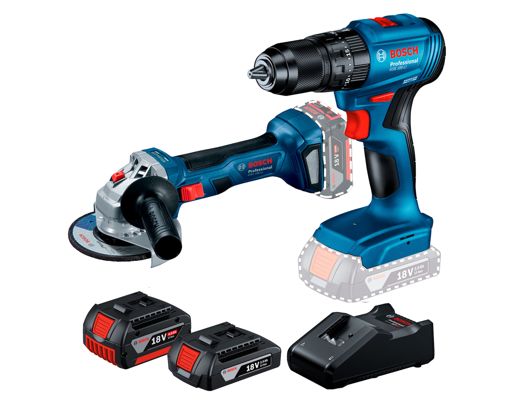 Taladro percutor GSB 185-LI + esmeril angular GWS 180-LI + 2 baterías Ion de litio 18V 2.0/4.0 Ah + cargador a $239.990