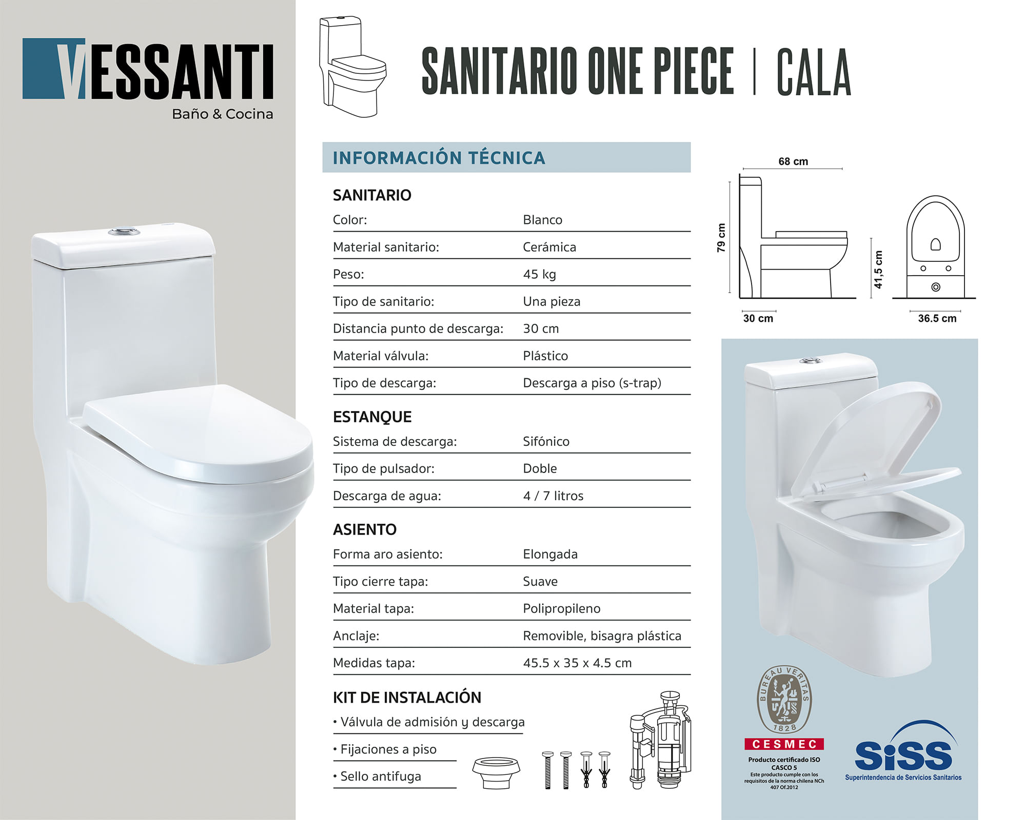 One piece 30 cm Dual flush asiento cierre suave Cala Vessanti