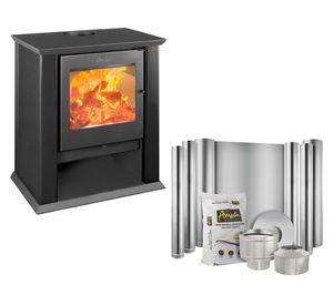 Estufa a leña Classic 500 negro + Kit instalación 6" + Set herramientas Muro