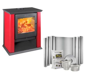 Estufa a leña Classic 500 rojo + Kit instalación 6" + Set herramientas Muro