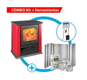 Estufa a leña Classic 500 rojo + Kit instalación 6" + Set herramientas Muro