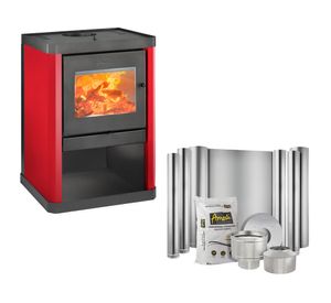 Estufa a leña Classic 400 rojo + Kit instalación 6" + Set herramientas Muro