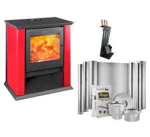 Estufa a leña Classic 500 rojo + Kit instalación 6" + Set herramientas Zeta
