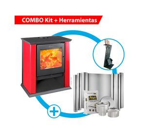 Estufa a leña Classic 500 rojo + Kit instalación 6" + Set herramientas Zeta