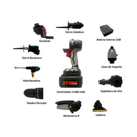 Combo taladro + Herramientas eléctricas 10 en 1 + Maletín + 2 Baterías