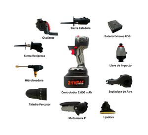 Combo taladro + Herramientas eléctricas 10 en 1 + Maletín + 2 Baterías