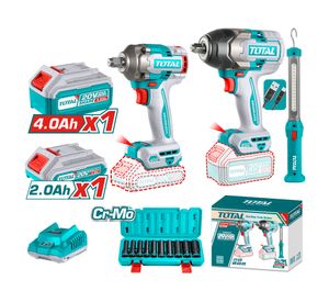 Kit inalámbrico 2 Llaves Impacto + Lampara trabajo + accesorios