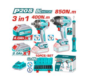 Kit inalámbrico 2 Llaves Impacto + Lampara trabajo + accesorios