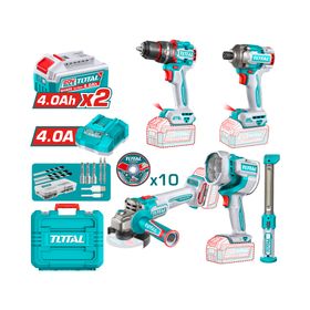 Kit inalámbrico Taladro Impacto + Atornillador impacto + Esmeril Angular + 2 Lámparas + accesorios