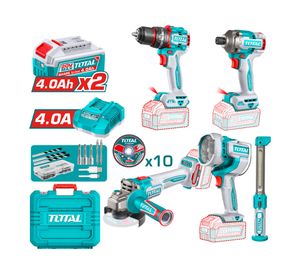 Kit inalámbrico Taladro Impacto + Atornillador impacto + Esmeril Angular + 2 Lámparas + accesorios