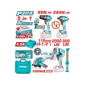 Kit inalámbrico Taladro Impacto + Atornillador impacto + Esmeril Angular + 2 Lámparas + accesorios