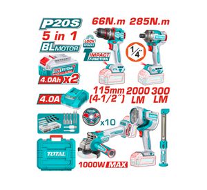 Kit inalámbrico Taladro Impacto + Atornillador impacto + Esmeril Angular + 2 Lámparas + accesorios