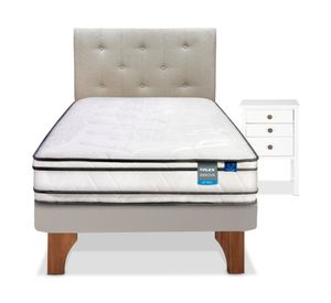 Cama europea Innova 1.5 plazas + respaldo Almendra + velador Roma