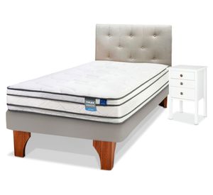 Cama europea Innova 1.5 plazas + respaldo Almendra + velador Roma