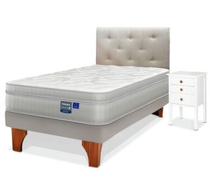 Cama europea Paradise 1.5 plazas + respaldo Almendra + velador Roma