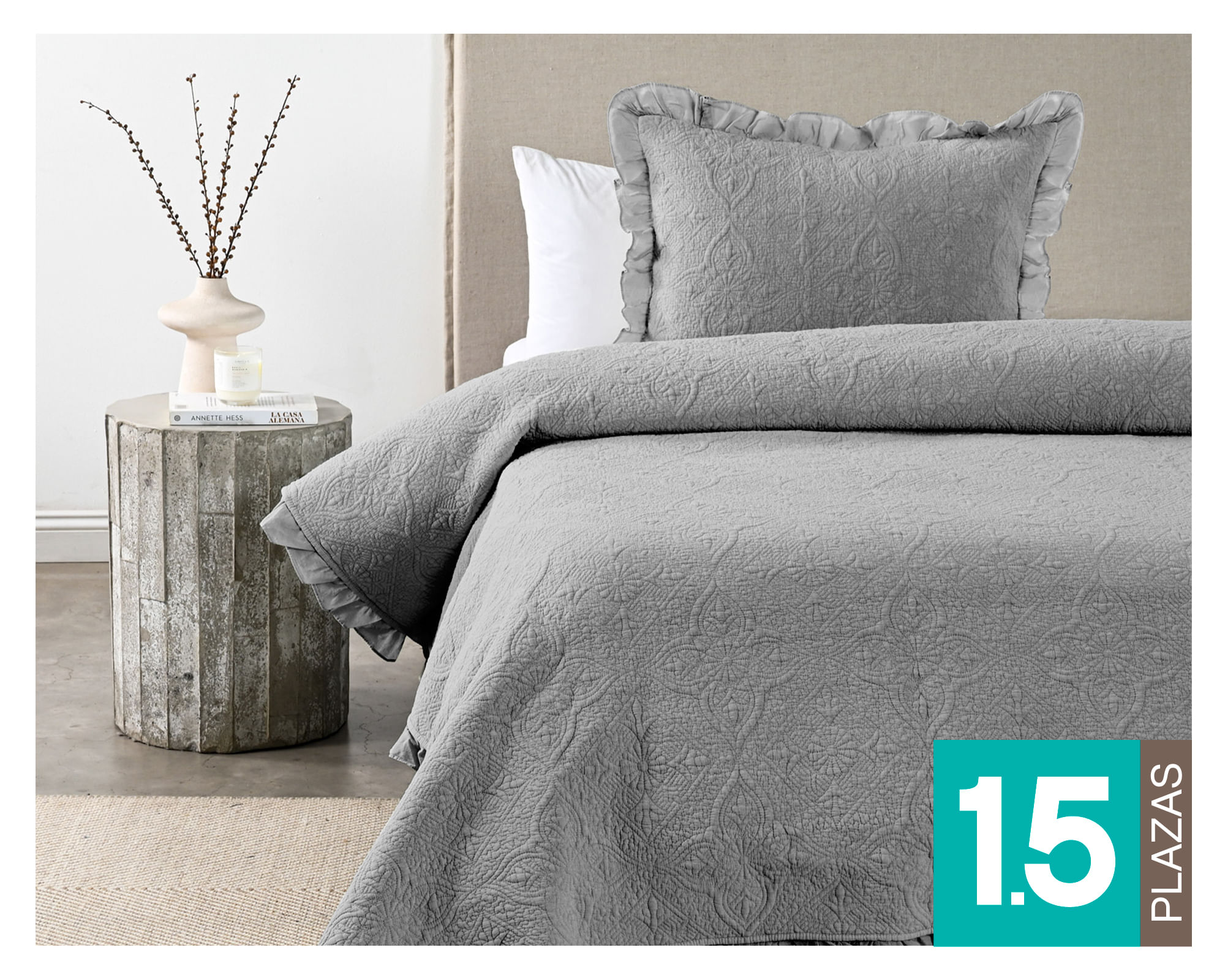 Royal Supreme Quilt Liso ruffle gris 1.5 plazas