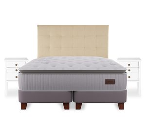 Cama europea Heritage Súper king base dividida + respaldo Design crudo + velador Roma